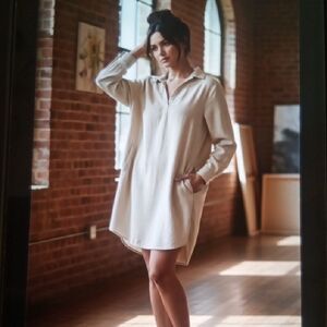 Quince Vintage Wash Tencel Tunic Dress Olive Green Womens XS